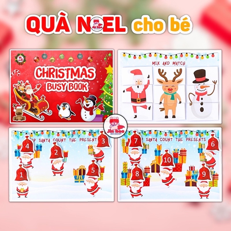 Quà Noel cho bé, Học liệu Giáng Sinh Christmas Busy Book, Học liệu Noel bóc dán Montessori, tặng kèm thiệp