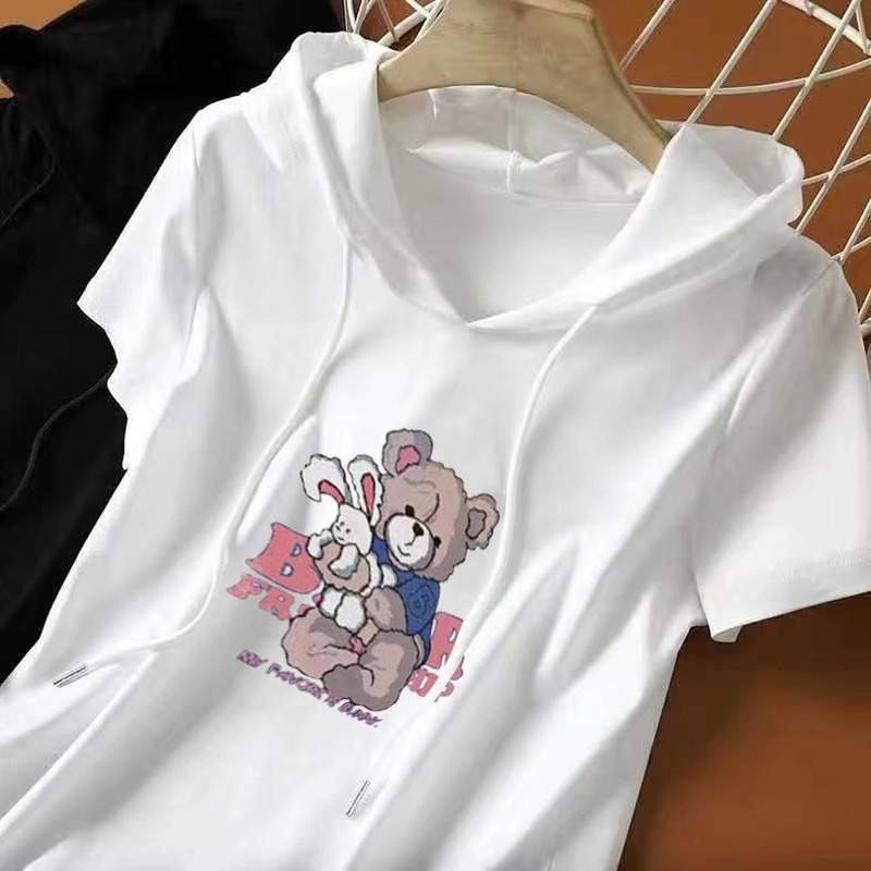 Áo hoodie ngắn tay dáng rộng màu trắng thời trang mới cho nữ