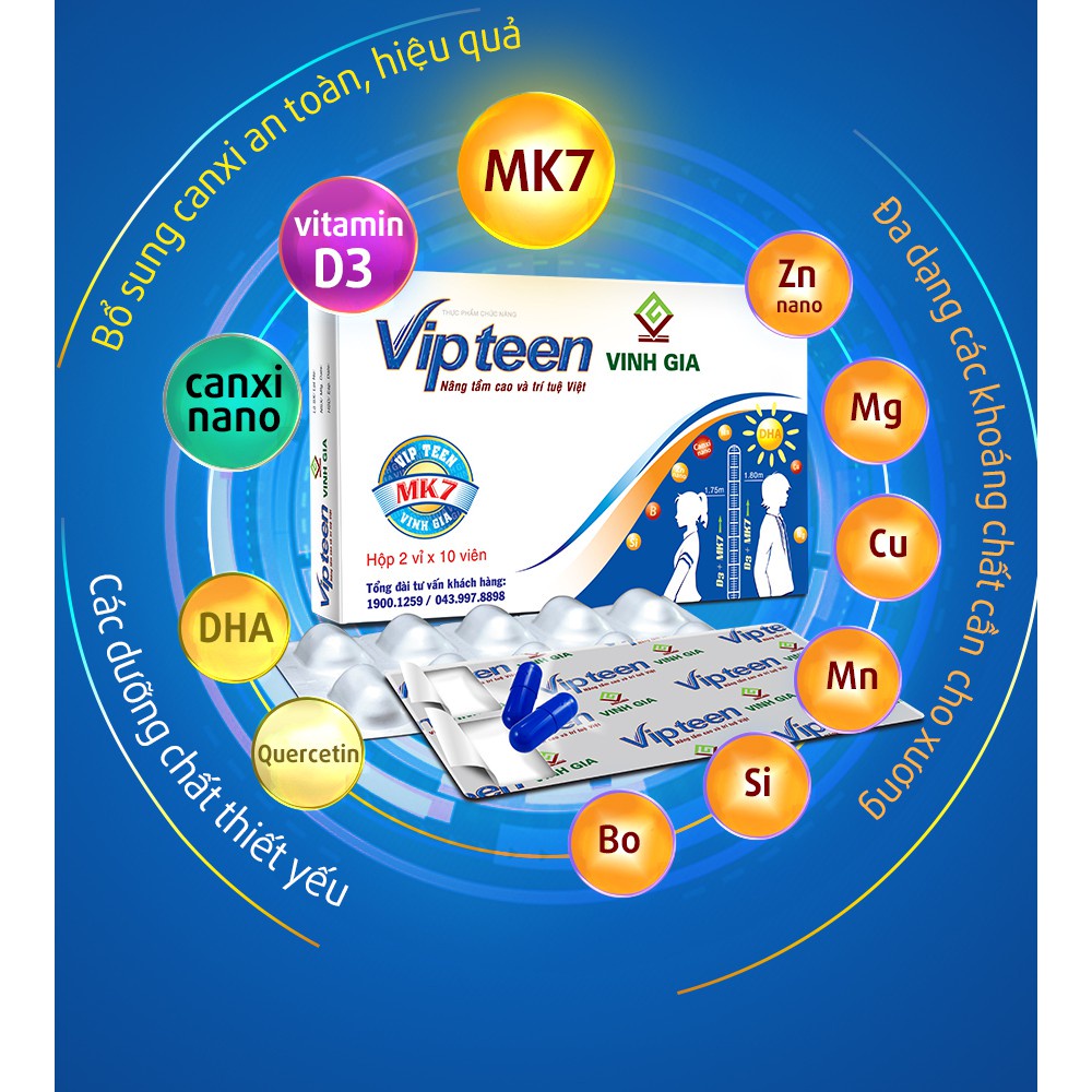 Viên uống tăng chiều cao Vipteen cho trẻ từ 10 tuổi - hộp 20 viên - Vinh Gia