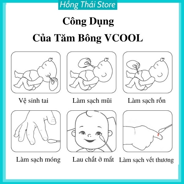Tăm Bông Trẻ Em, Tăm Bông Sơ Sinh Đa Năng VCOOL Kháng Khuẩn Lõi Giấy An Toàn Tự Nhiên Hộp 200 Chiếc