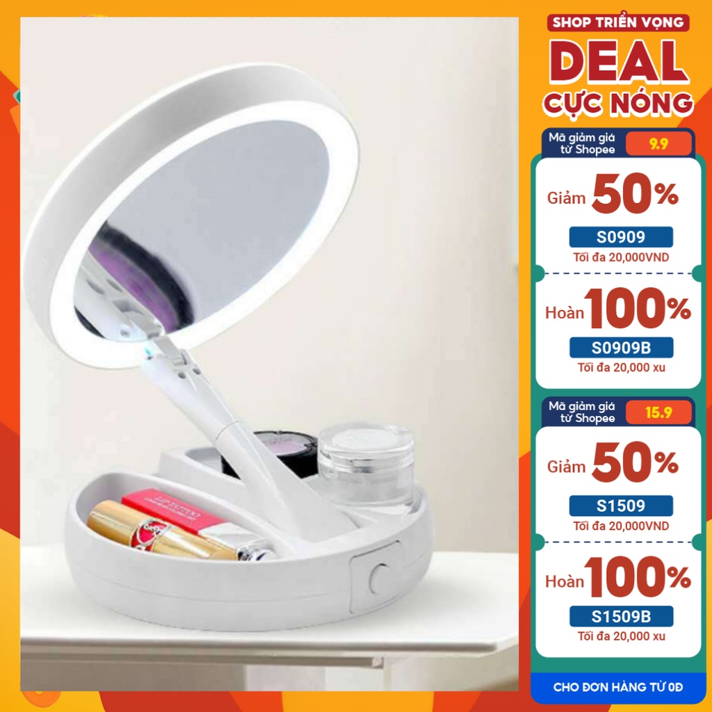 Gương Trang Điểm Đèn Led Xếp Gọn (hình tròn) dùng pin tiểu hoặc cắm sạc dự phòng, gấp mang đi du lịch
