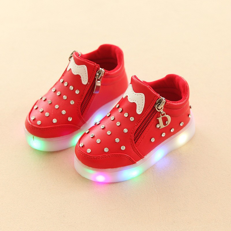 Giày thể thao đính đá đế gắn đèn led phát sáng sành điệu cho bé gái