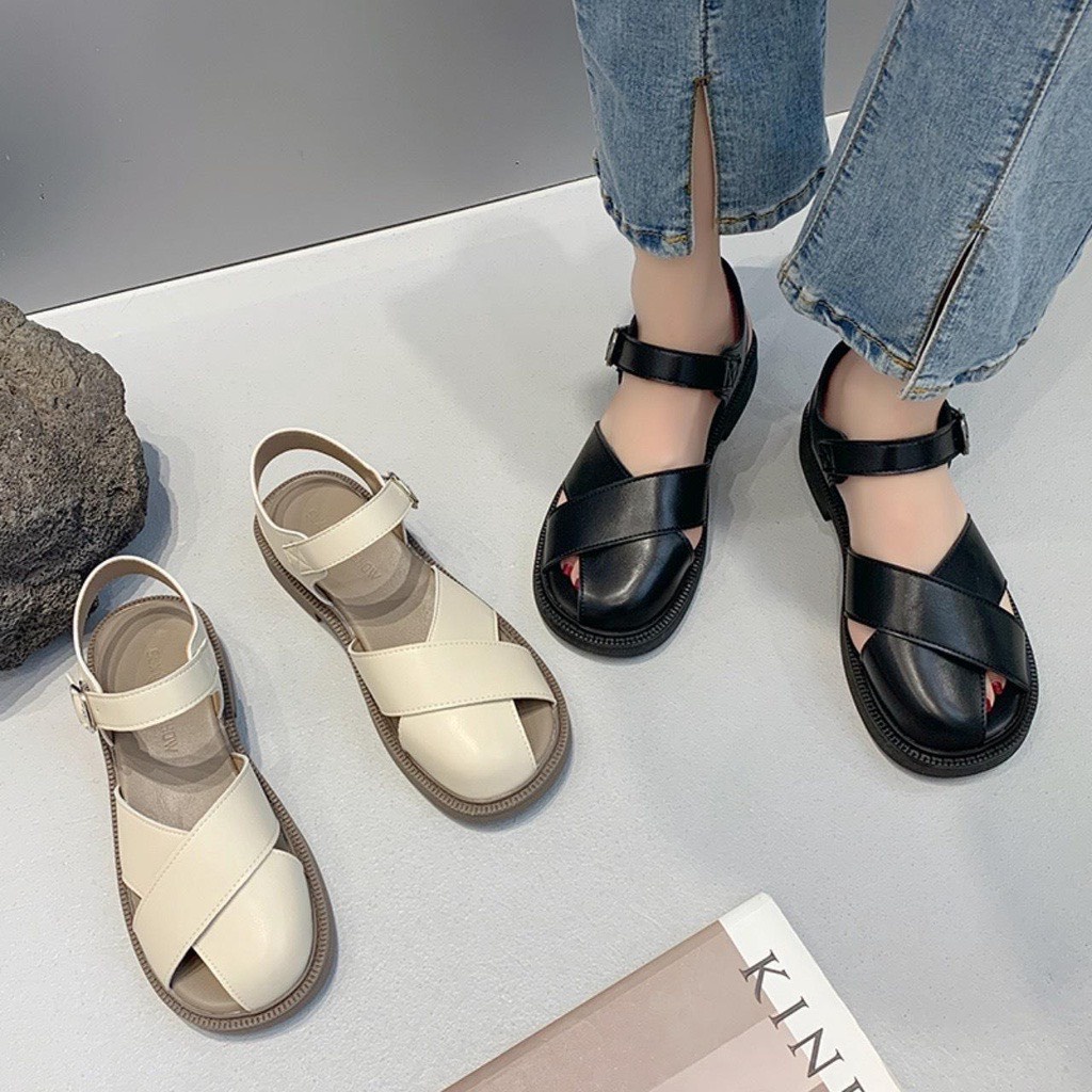 giày sandanl rọ nữ 2 NAN chéo bản to da mềm đê 3cm