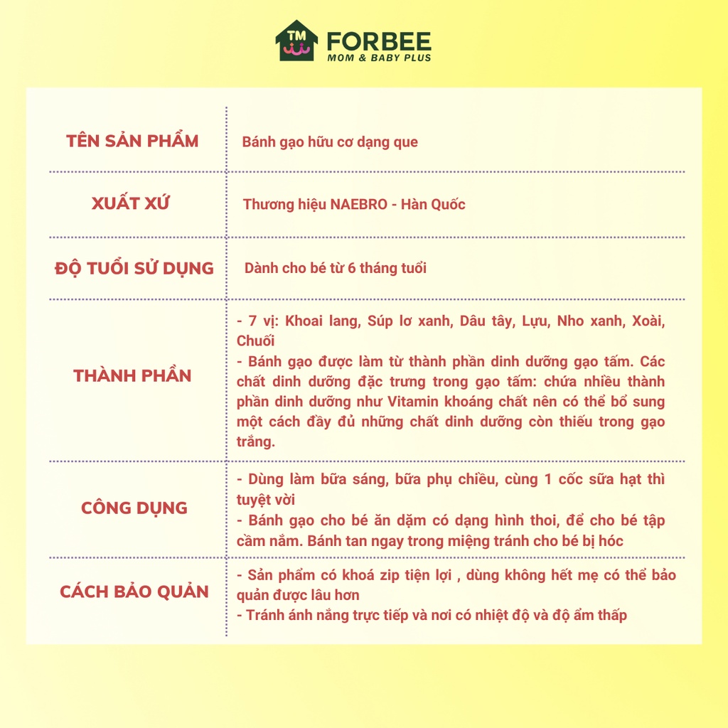 Bánh gạo que PURE EAT rau hữu cơ Naebro - Bánh ăn dặm hữu cơ cho trẻ từ 6 tháng tuổi - FORBEE