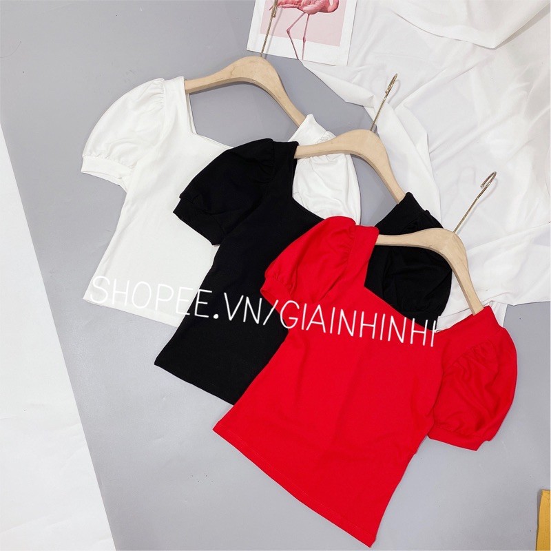 Áo thun tay bồng cổ vuông tay cộc, Áo kiểu cổ vuông ngắn tay nhún bồng CS1261 - NhiNhi Shop