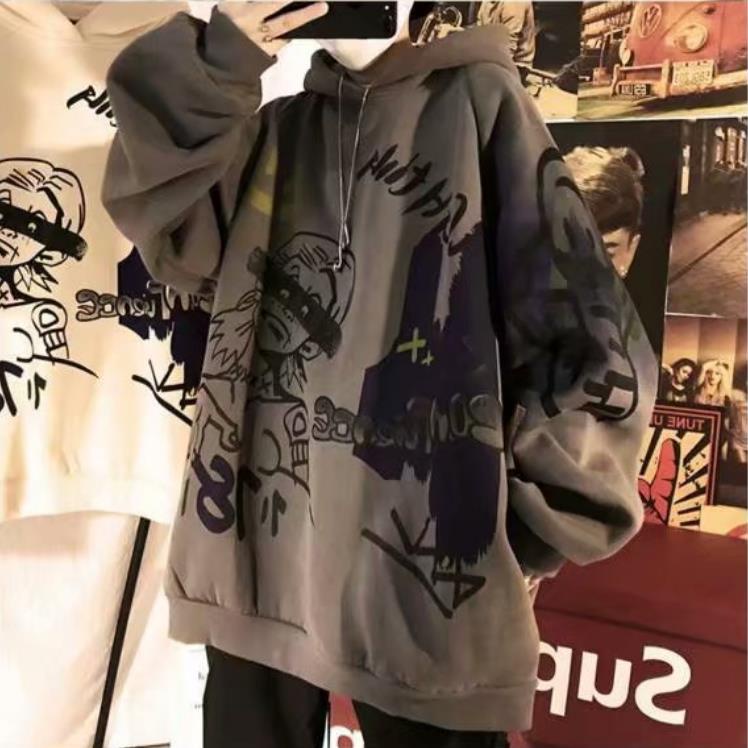 Áo Hoodie Dáng Rộng Phối Nhung Họa Tiết graffiti Phong Cách hip hop Hàn Quốc Thời Trang Thu Đông Cho Nam