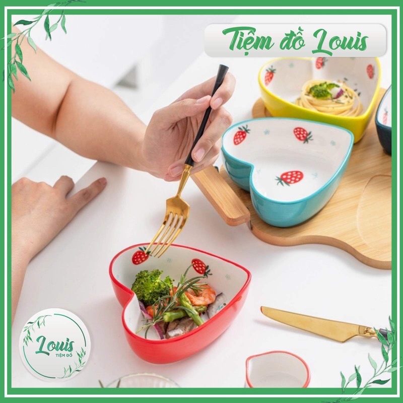 Bát sứ hình trái tim hoạ tiết DÂU TÂY  Chén sứ ăn cơm, đưng salad decor phong cách Bắc Âu