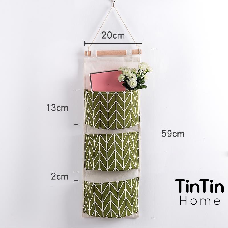 Túi giỏ vải bố đựng đồ treo tường treo đồ vintage 3 ngăn đựng đồ decor trang trí nhà cửa TINTIN TVTT01