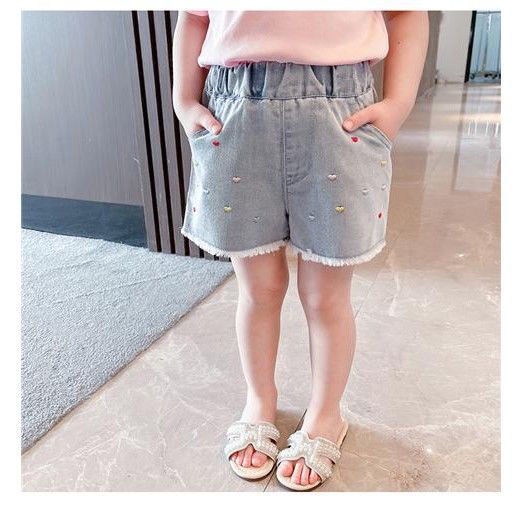 Quần Short Jeans Thêu Hoa Cho Bé Gái