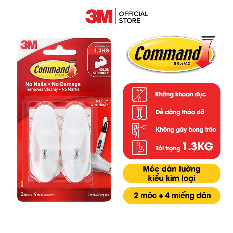 Móc dán tường đầu kim loại Command 3M vỉ 2 cái cỡ vừa chịu lực 1.3kg - 17068