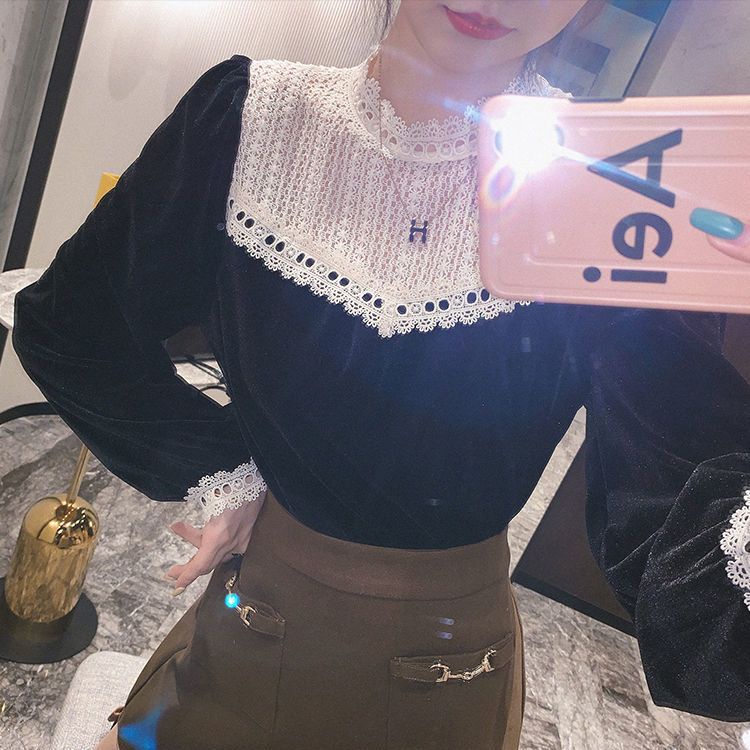 Áo Sweater Nhung Đen Tay Phồng Thời Trang Mùa Đông 2022 Mới Phong Cách Retro Cho Nữ