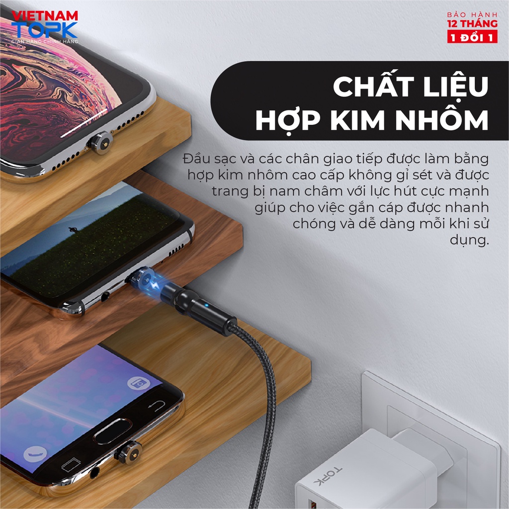 Dây sạc nam châm ip Type C Micro USB TOPK AM68 - Sạc nhanh 3A Dây dù 1m - Hàng Chính Hãng - Bảo hành 12 tháng