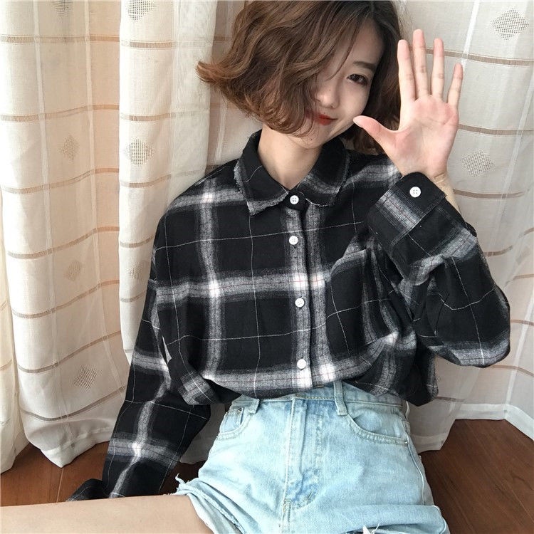 Áo Sơ Mi Tay Dài Dáng Rộng Họa Tiết Kẻ Sọc Thời Trang