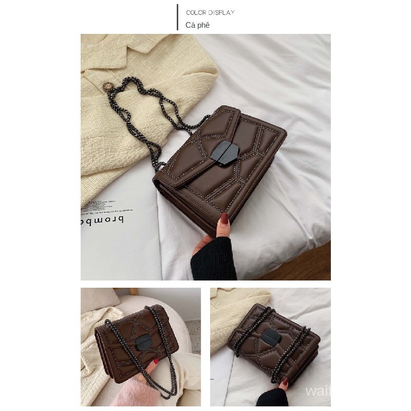 Túi Đeo Chéo Hình Vuông Cỡ Nhỏ Đính Đinh Tán Phối Dây Xích Thời Trang Mùa Đông Cổ Điển Cho Nữ