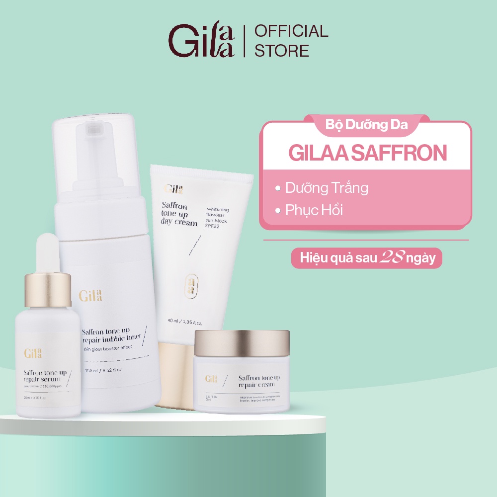 Bộ 4 sản phẩm dưỡng trắng và phục hồi da Gilaa Saffron Tone Up Repair