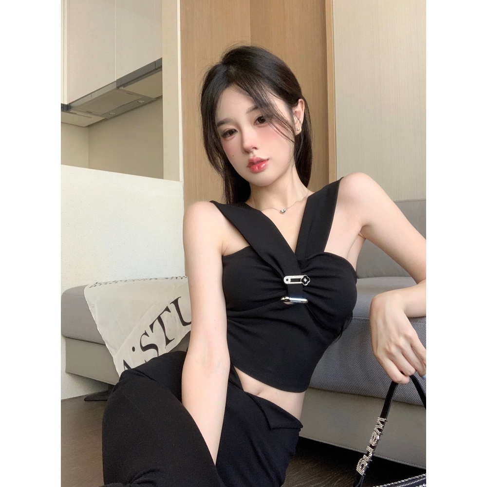 Áo dệt kim ZHELIHANGFEI không tay lưng cao thiết kế dây đan chéo phong cách thời trang quyến rũ