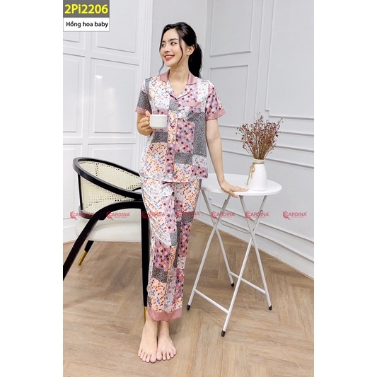 Đồ bộ Pyjama cộc tay quần dài hoạ tiết cao cấp CARDINA mã PI06 chất lụa Satin Nhật co giãn nhẹ
