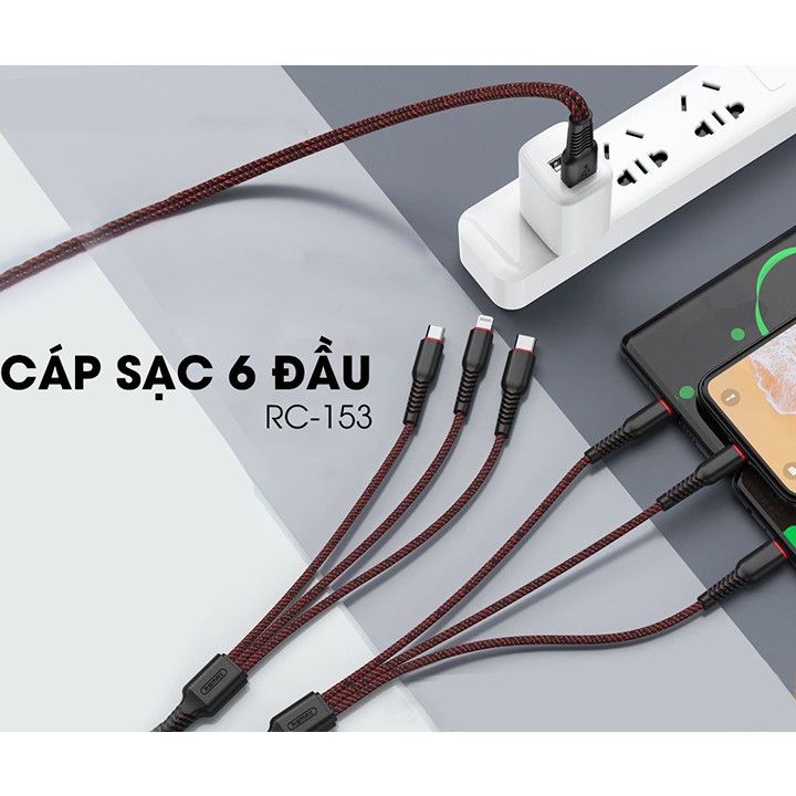 [ Giá siêu rẻ,chính hãng 100% ]  Cáp sạc Remax 6 in 1 RC-153 2 Cổng Type C, 2 Cổng Lightning, 2 Cổng MicroUSB