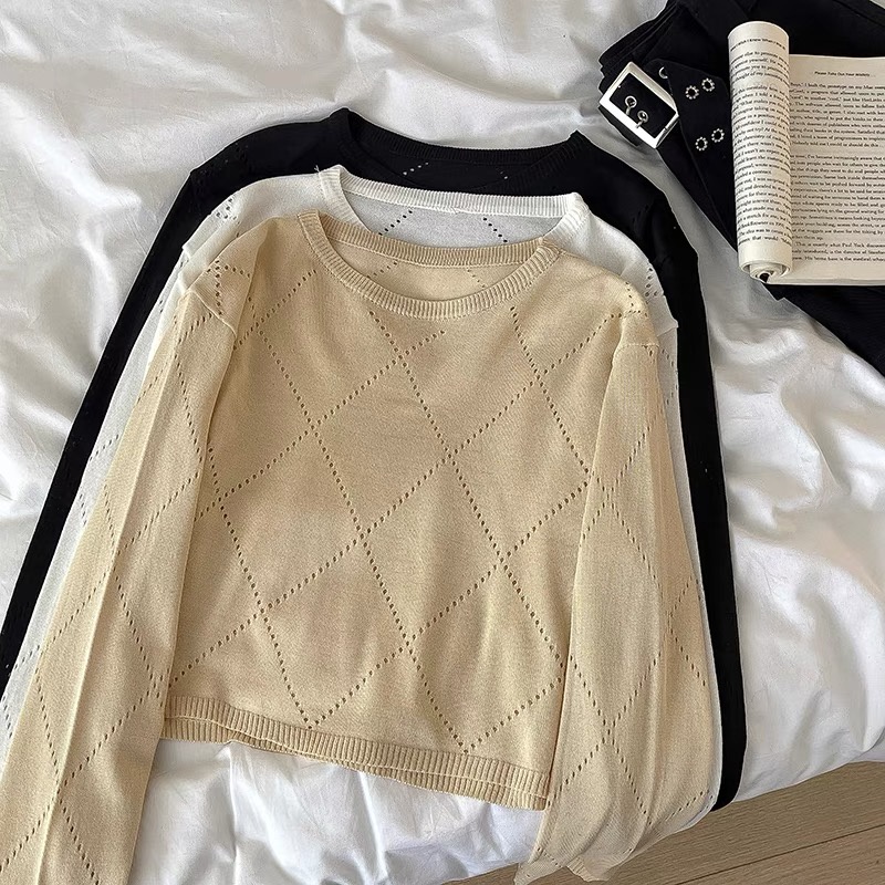 QKOOLE  Áo Croptop Dệt Kim Tay Dài Cổ Tròn Màu Ngọc Lam Phong Cách Hàn Quốc Thời Trang Cho Nữ