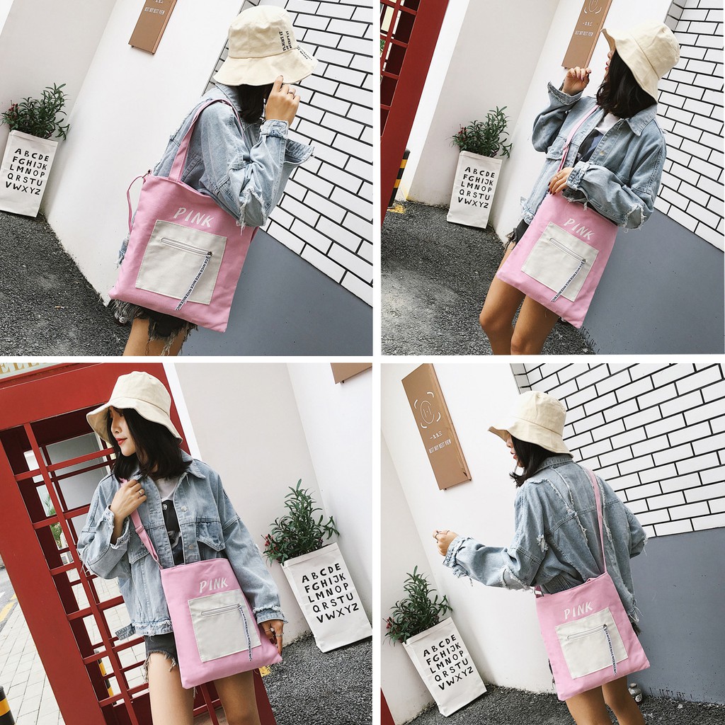 [Mã FASHIONT4WA2 giảm 10K đơn từ 50K] Túi Vải Tote Đeo Chéo In Chữ Color Quảng Châu M547