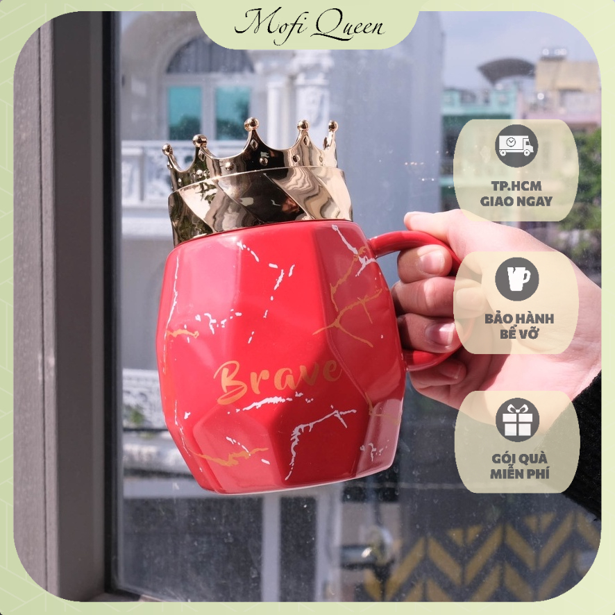 Cốc to uống nước, Cốc sứ đẹp, Quà lưu niệm, cute sang trọng, kèm nắp inox hình vương miệng 600ml
