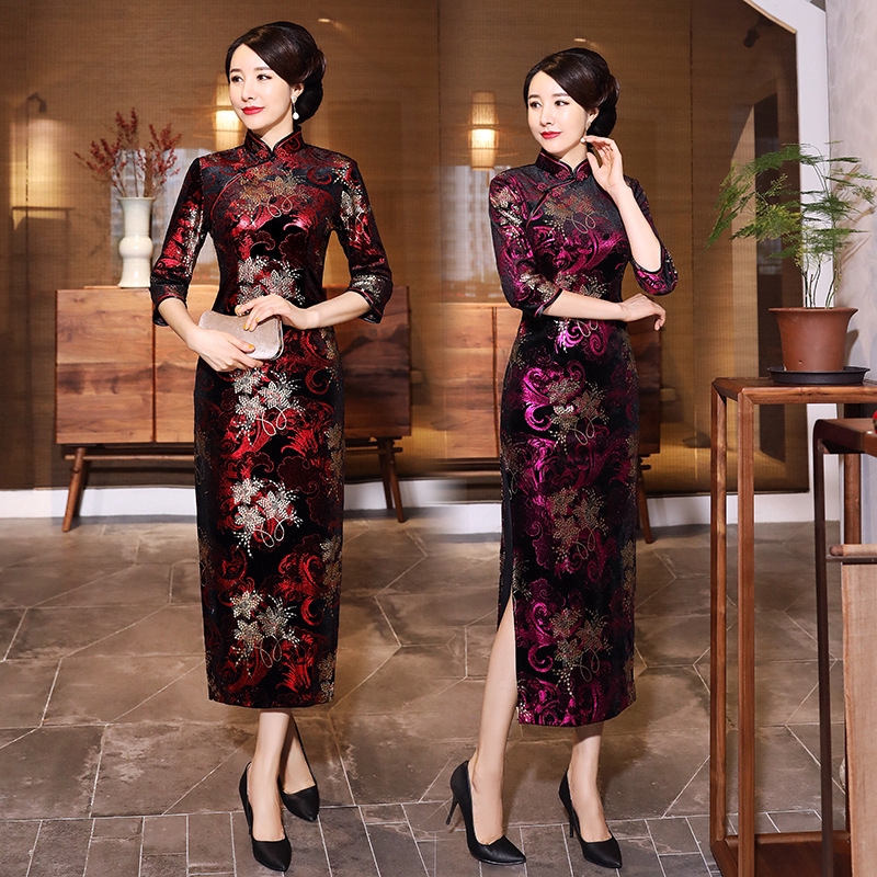 Women Autumn Winter Gold Velvet Long Cheongsam Dress Vintage Slim Three Quarter Sleeve Plus Size Dresses 4XL | BigBuy360 - bigbuy360.vn