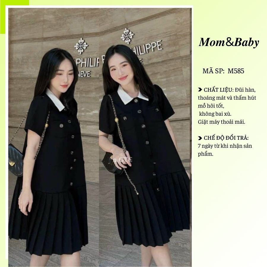 Váy Bầu Đầm Bầu Mùa Hè Cổ Sen Tay Bồng Công Sở Dáng Suông Chân Xếp Ly M585 Mom and Baby