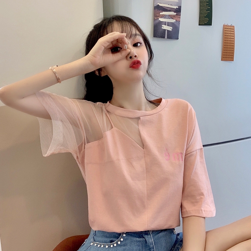 Áo Thun Tay Ngắn Phối Lưới Phong Cách Hàn Quốc Cho Nữ