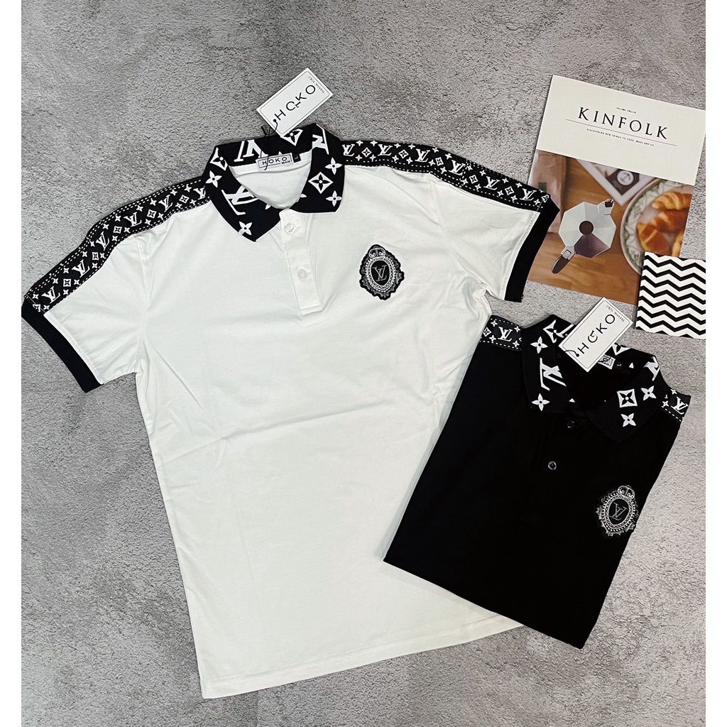 Áo thun nam nữ cổ trụ tay ngắn thêu logo LV tròn trước ngực phối vai áo chất cotton thoáng mát thời trang mùa hè hot