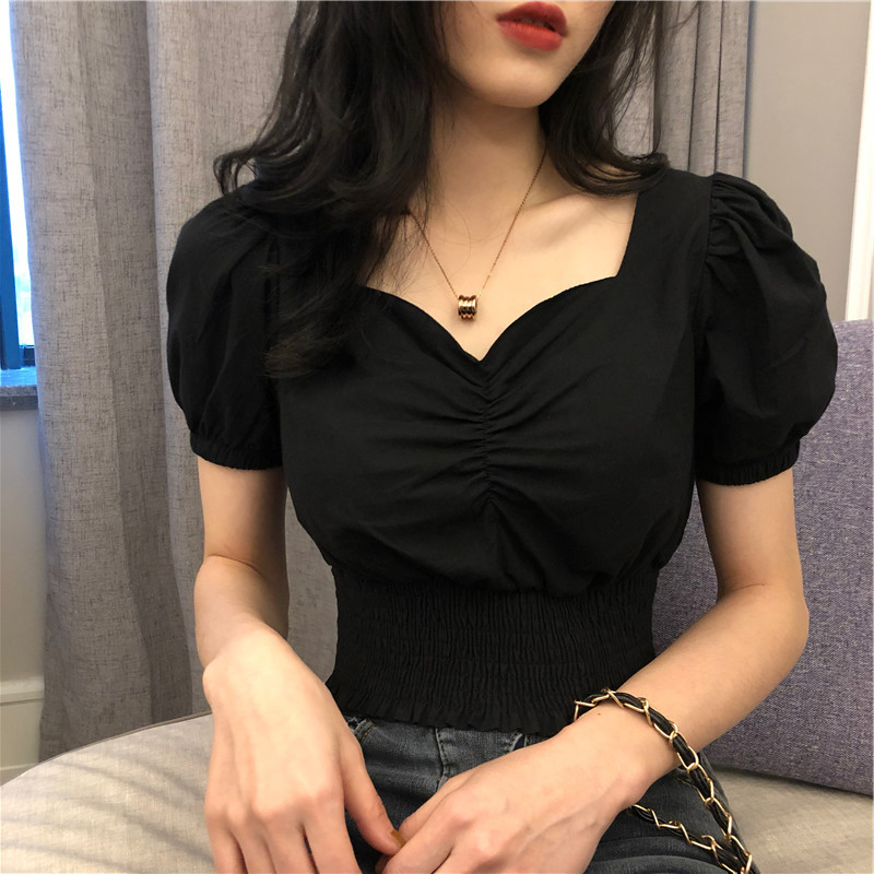 Áo Crop Top Tay Phồng Dây Rút Phong Cách Hàn Quốc 2021