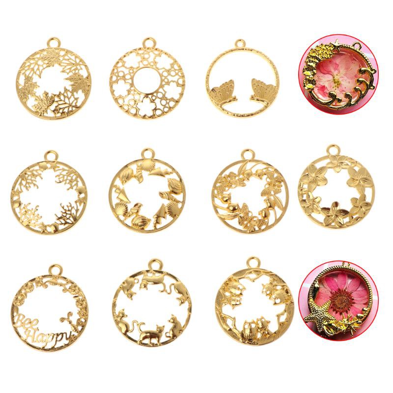 RUNღღ10 Pcs/Set Round Floral Frame Metal DIY Epoxy Resin Crafts UV Resin Exquisite Carved
