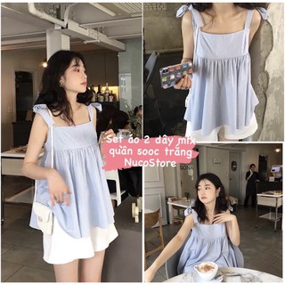 Set áo 2 dây xốp mix quần sooc trắng - set áo 2 dây kẻ nhỏ trẻ trung