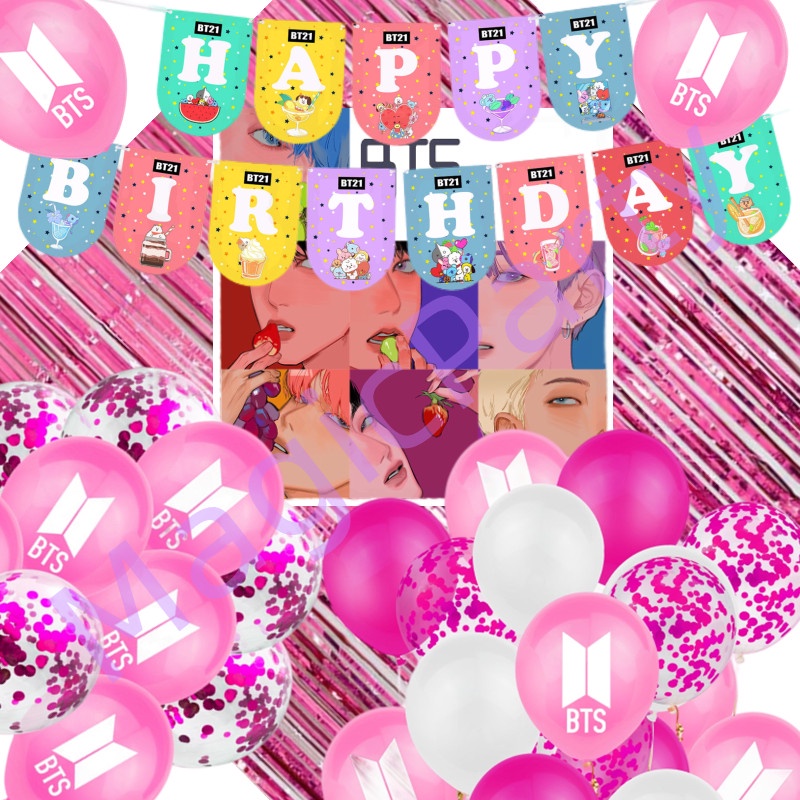 BTS Chủ Đề Màu Hồng 2m Phim Nhôm Tua Rua Màn BT21 Biểu Ngữ Jungkook V Bong Bóng Cao Su Trang Trí Tiệ