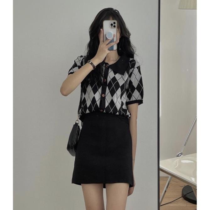 ÁO len croptop, áo polo họa tiết caro quả trám mặc siêu tôn dáng 3t | BigBuy360 - bigbuy360.vn