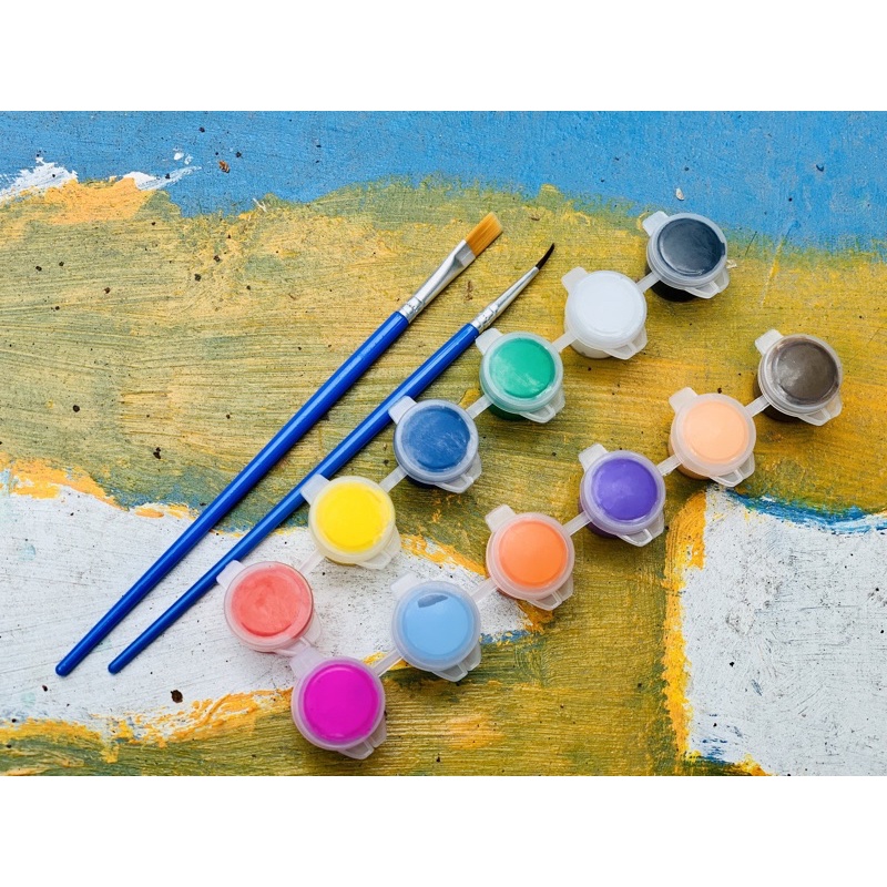 Bộ 12 Màu Vẽ Acrylic 3ml Kèm 2 Cọ Vẽ - Màu Acrylic Mini Tô Vẽ Đồ Chơi Gỗ, Áo, Tô Tượng, Vẽ 3D, Giày, Thủy Tinh, Gỗ