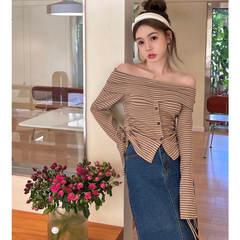 Áo Thun Dài Tay Phối Dây Rút Hoa Văn Kẻ Sọc Thời Trang Dành Cho Nữ