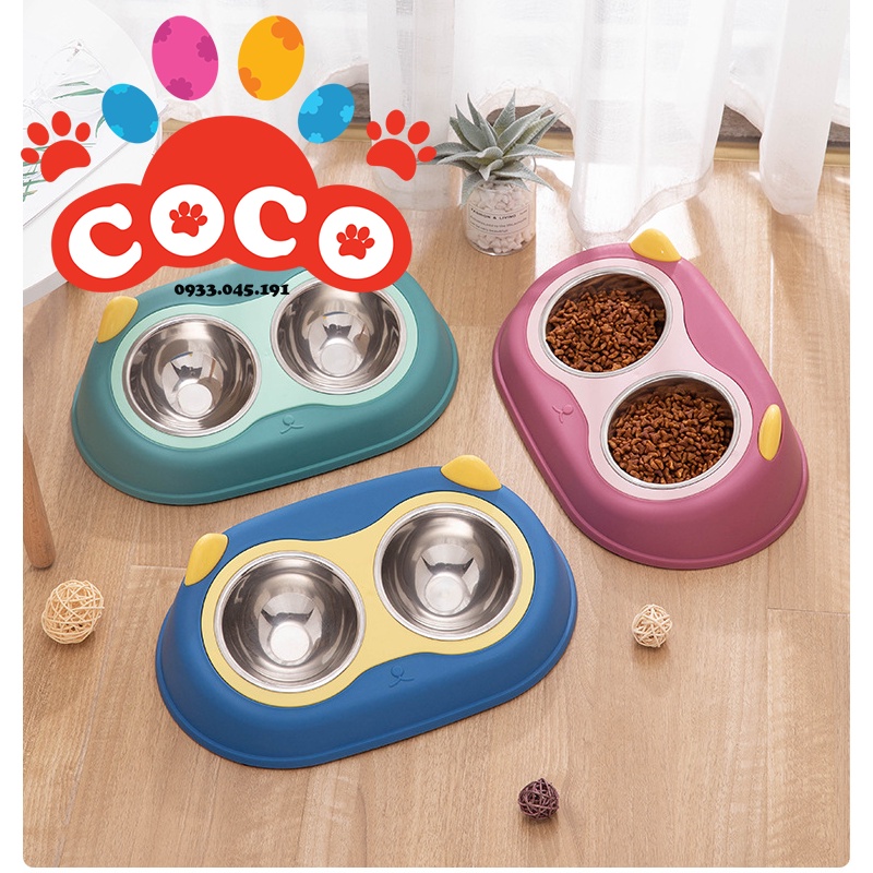 Bát Ăn Đôi Cho Chó Mèo Hình Tai Mèo Kèm 2 Tô Inox