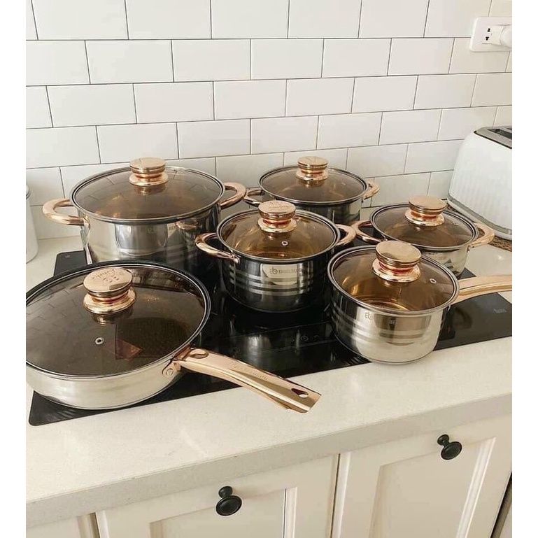 Bộ nồi Đức ENGELBERG 6 món 12 chi tiết đáy inox dày dặn dùng cho mọi loại bếp mạ vàng kèm nắp kính cao cấp Angola