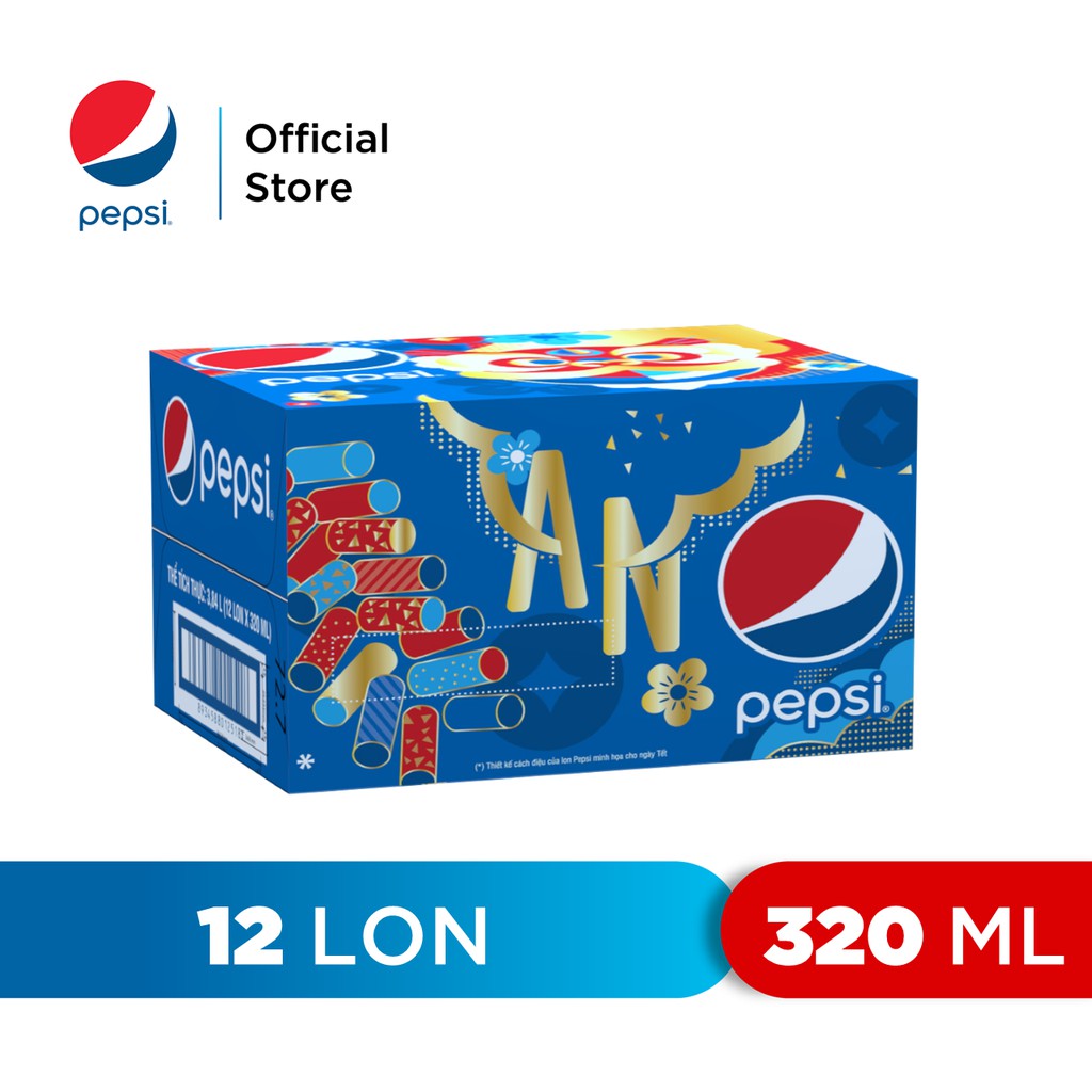 Thùng 12 Lon Nước Ngọt Có Gaz Pepsi (320ml/lon) - Phiên Bản Tết