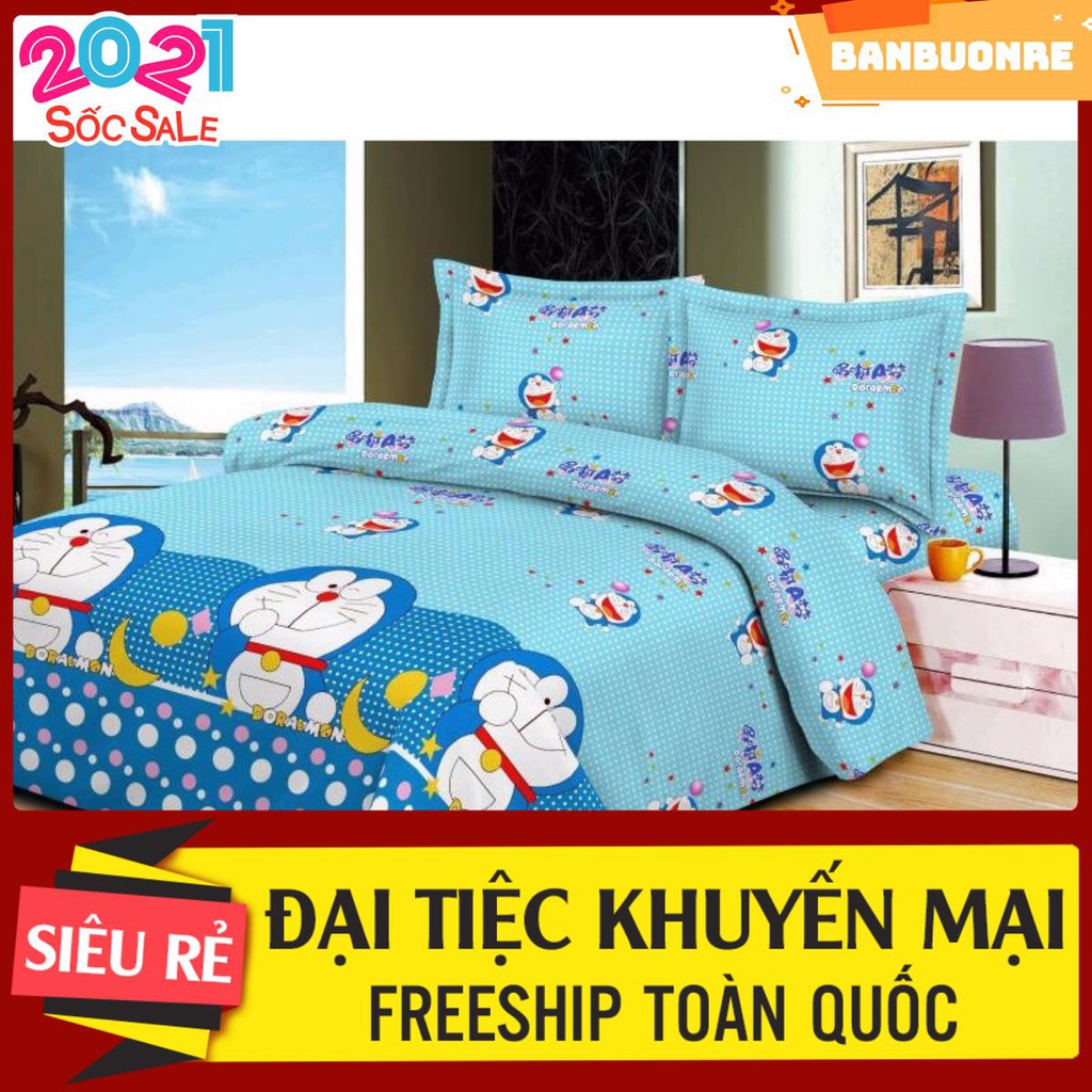 XẢ KHO BỘ VỎ CHĂN GA GỐI COTTON POLY MẪU DOREMON TRĂNG VÀNG