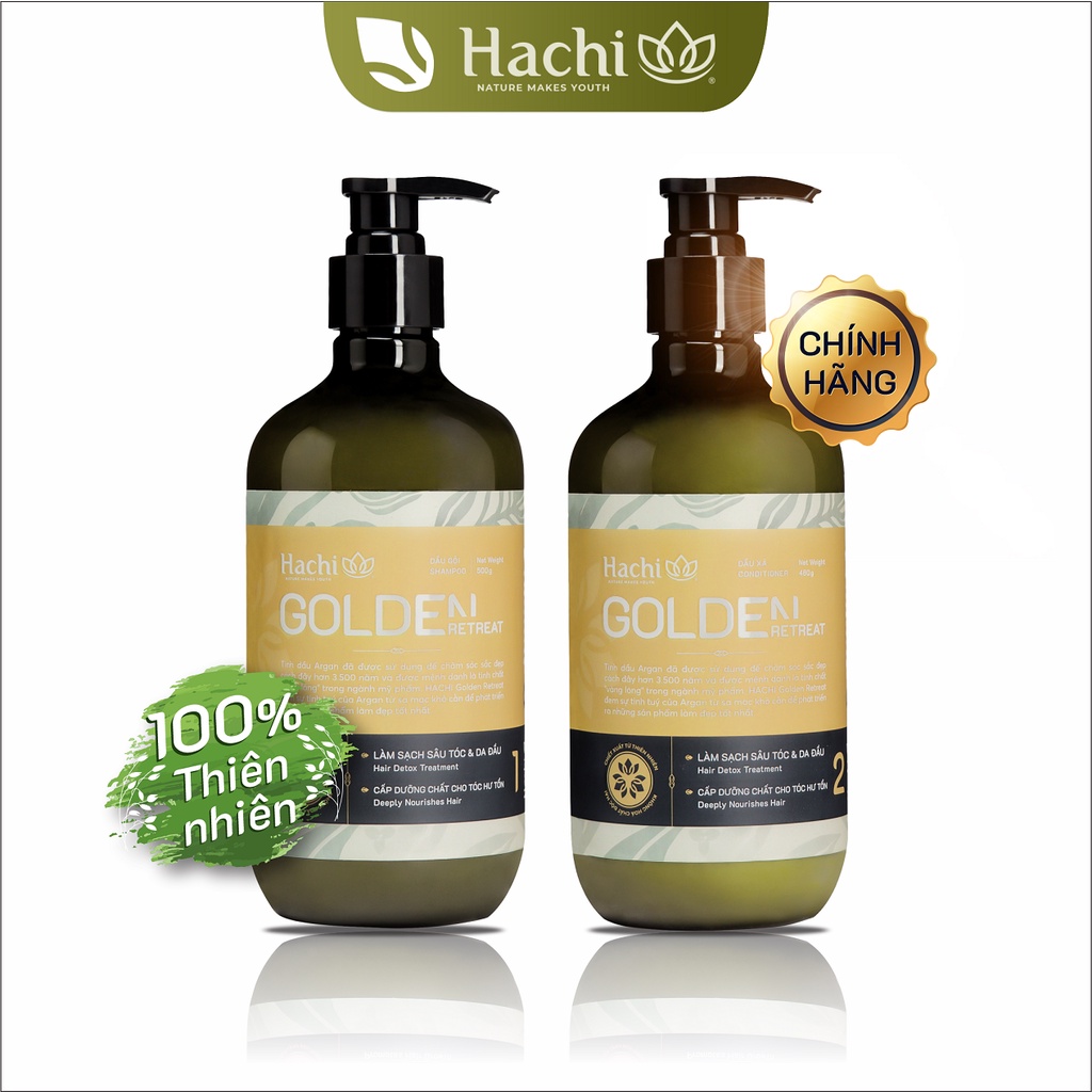 Dầu gội đầu argan cao cấp HACHI Goldenretreat 500g vàng dành cho tóc hư tổn khô sơ - Cặp gội, xả giúp tóc chắc khỏe