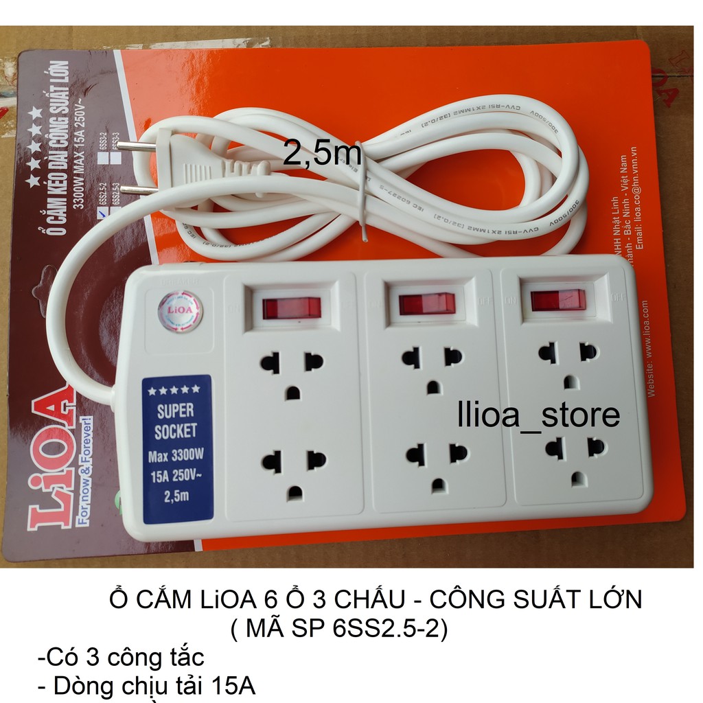 Ổ CẮM LiOA 6 Ổ 3 CHẤU - CÔNG SUẤT LỚN ( MÃ SP : 6SS2.5-2 và 6ss2.5-3).