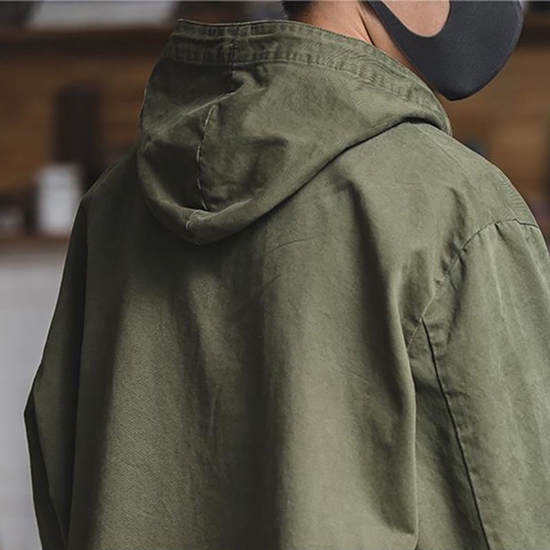 Áo Khoác Nam Tay Dài Có Mũ Trùm Đầu 100% Cotton Màu Xanh Quân Đội Size