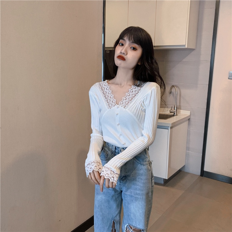 Áo dệt kim ZHELIHANGFEI tay dài phối ren hoa phong cách phương Tây
