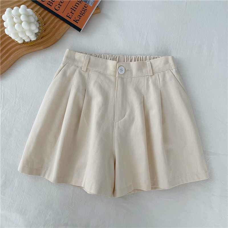 COZOK Quần Short Lưng Cao Ống Rộng Màu Sắc Trơn Phong Cách Hàn Quốc