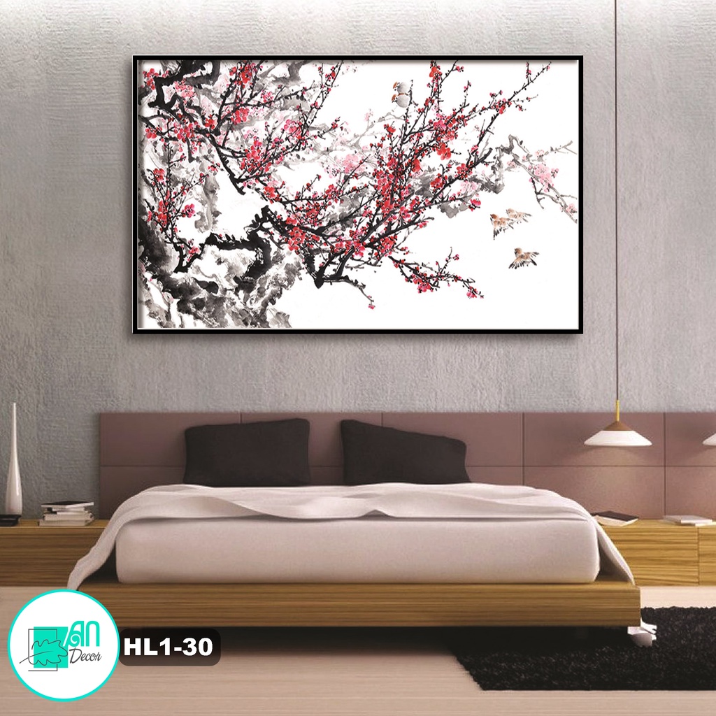 TRANH TÊT- Tranh canvas treo tường cành đào hoa đỏ  - 80 x 50 cm