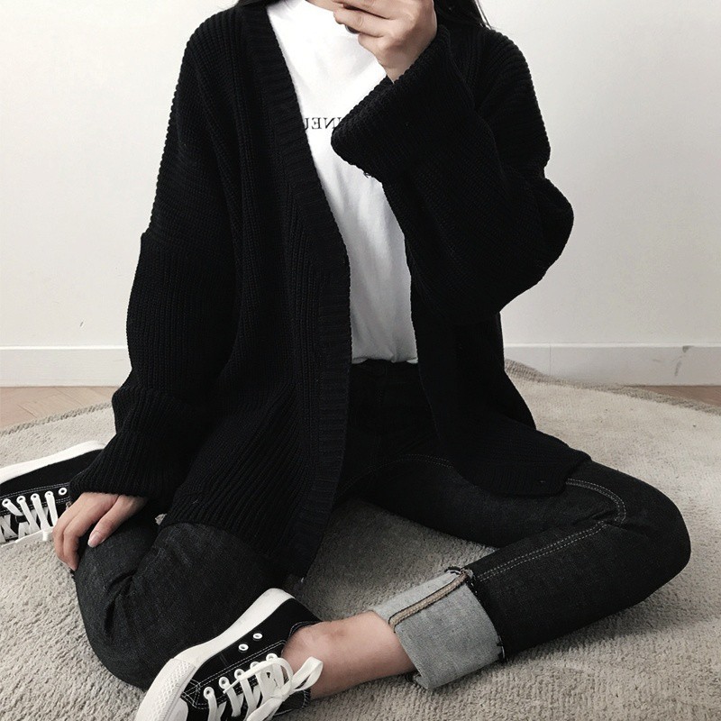 ÁO KHOÁC LEN CADIGAN ĐEN PHA NỈ - ÁO CARDIGAN LEN NỮ BASIC KOREA MÀU ĐEN NAM NỮ UNISEX