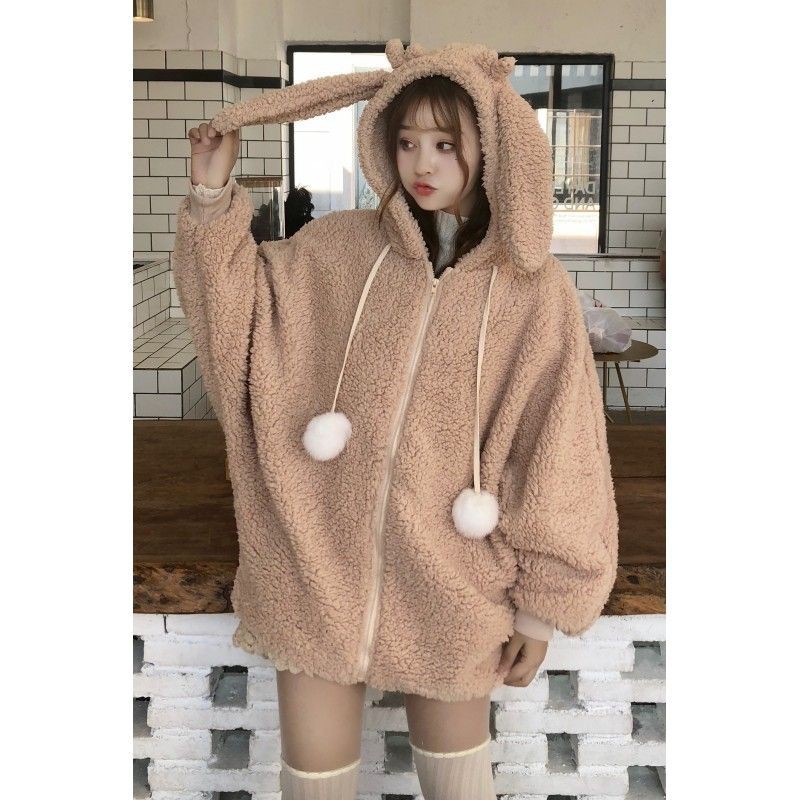 (ORDER) Áo Hoodie nữ mũ tai thỏ giả lông cừu siêu đáng yêu ấm áp Hàn Quốc - Có ảnh thật