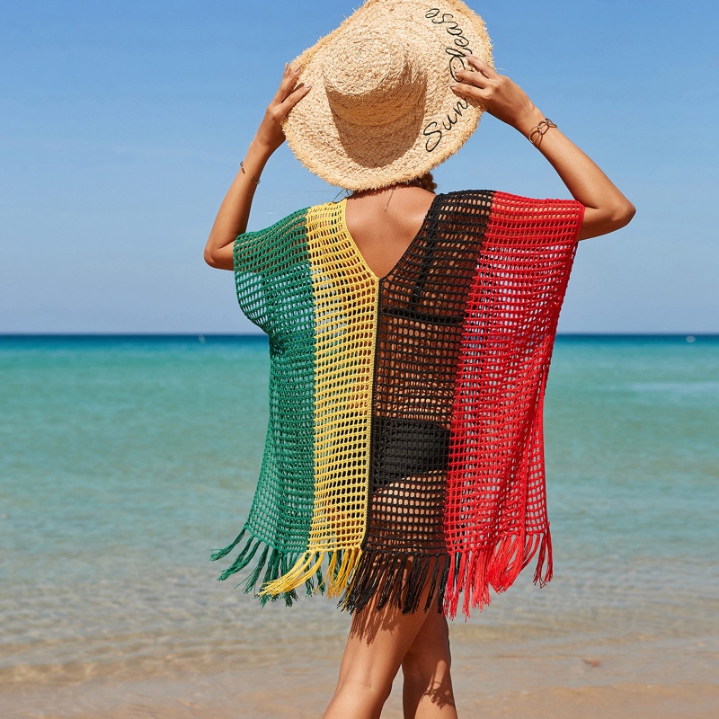 Brroa Đầm Dệt Kim Tay Ngắn Dáng Rộng Cổ Chữ V Màu Cầu Vồng Thời Trang Đi Biển Mùa Hè Cho Nữ