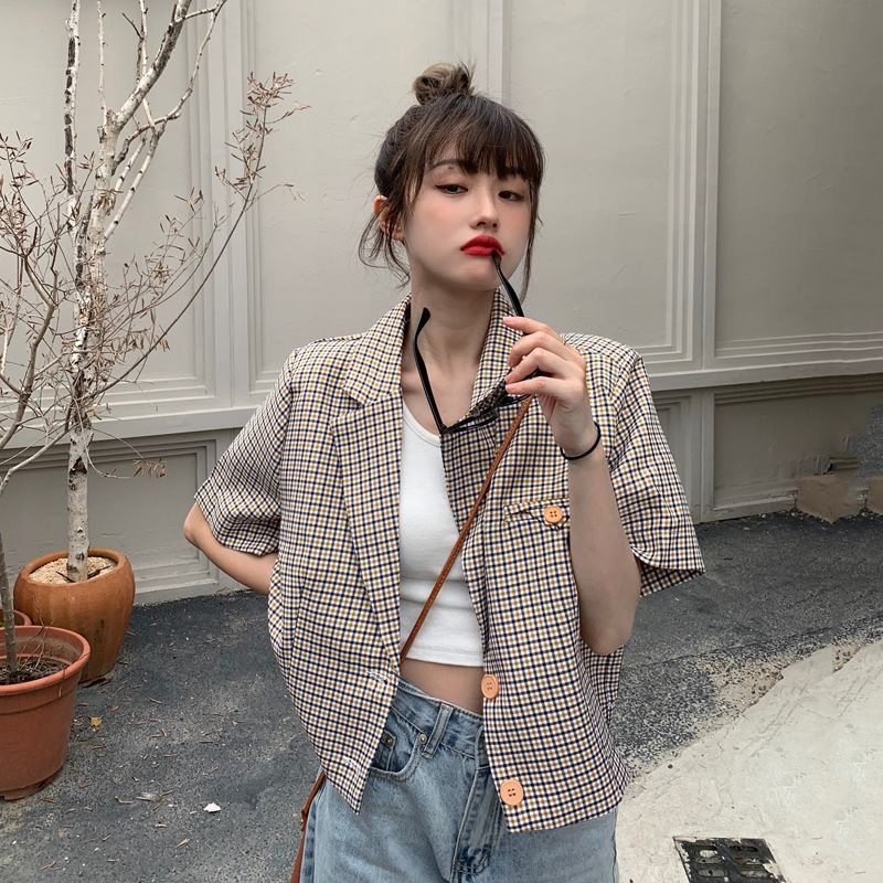 Áo Khoác Blazer Tay Ngắn Dáng Rộng Họa Tiết Sọc Caro Thời Trang Mùa Hè Theo Phong Cách Hàn Quốc Cho Nữ